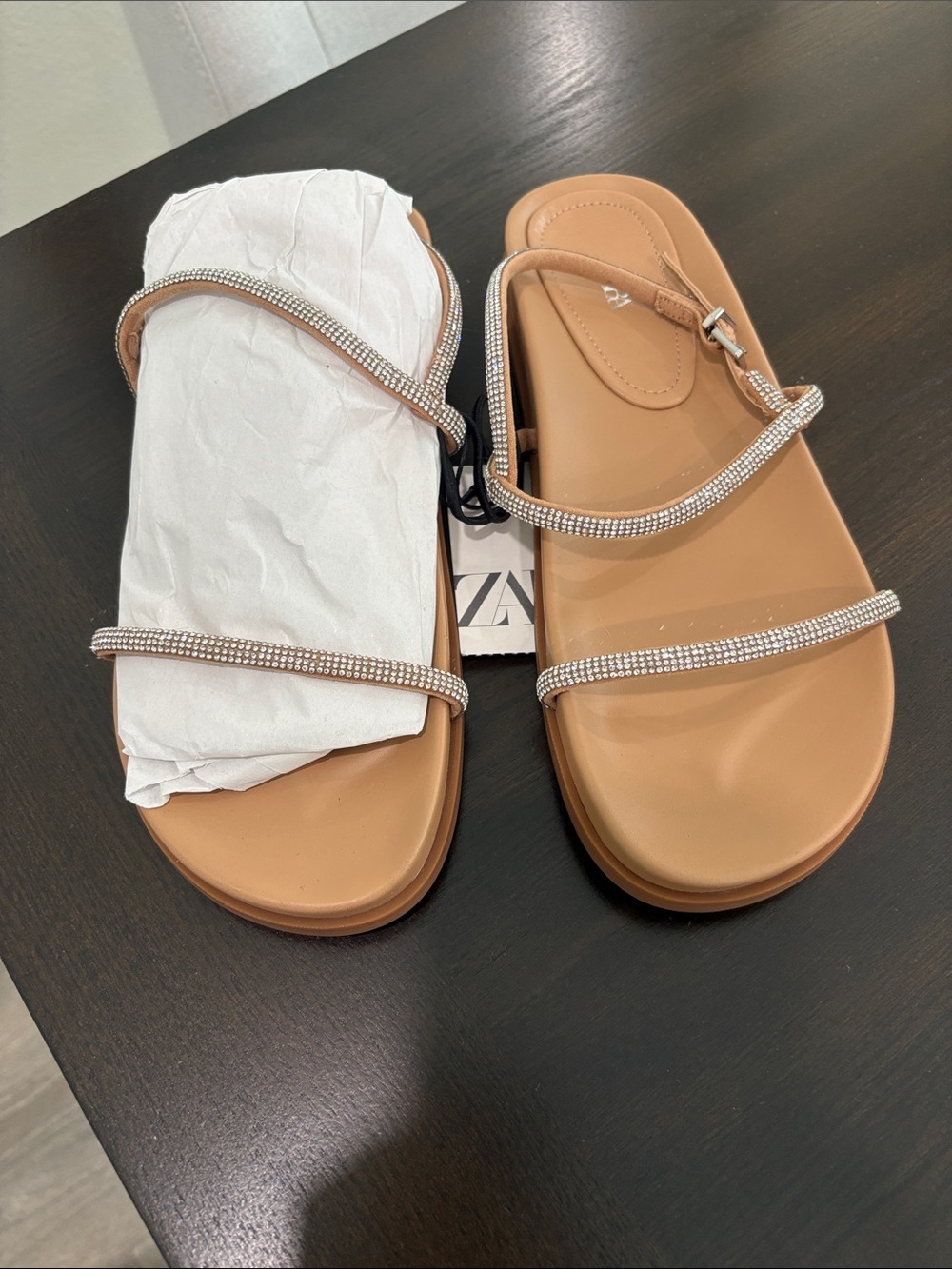 NWT Zara Tan Rhinestone Strap Flat Sandals